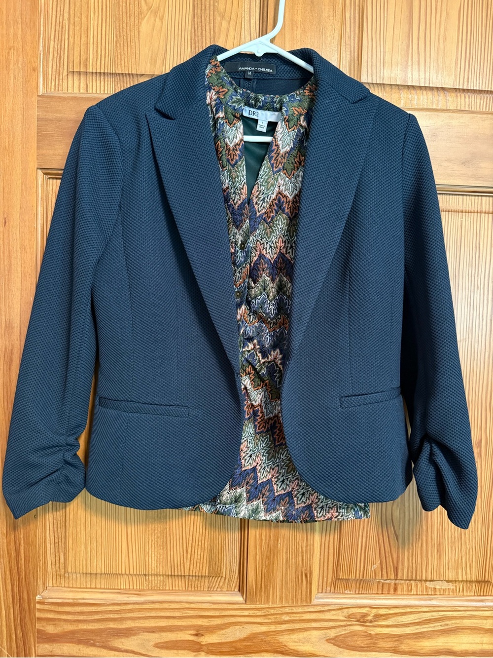 Top and Blazer Set: Zigzag Top in Olive, Navy & Rust and Fitted Navy Blue Blazer